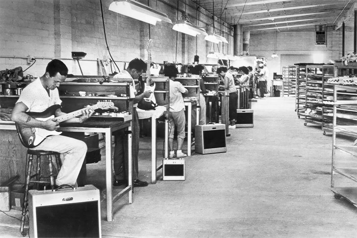 Historical photo of the  Fender guitar factory.